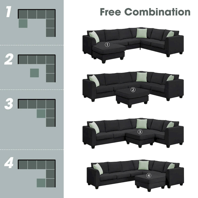 112*87  Sectional Sofa Couche Living Room Sets,7 Seats Sectional Sofa with Ottoman, L Shape Sofa Corner Couch Set with 3 Pillows