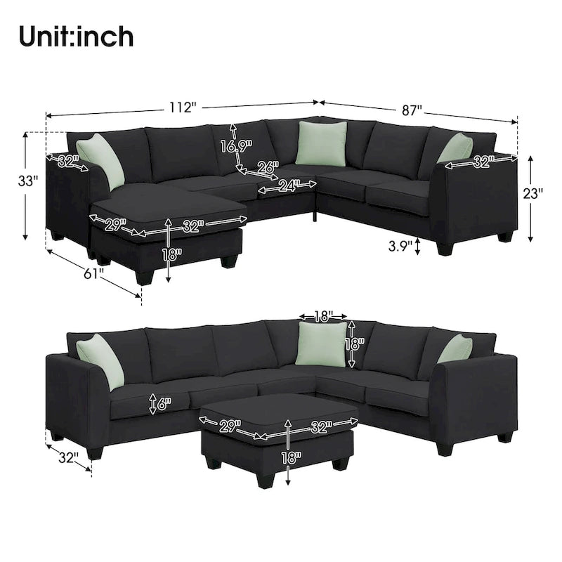 112*87  Sectional Sofa Couche Living Room Sets,7 Seats Sectional Sofa with Ottoman, L Shape Sofa Corner Couch Set with 3 Pillows