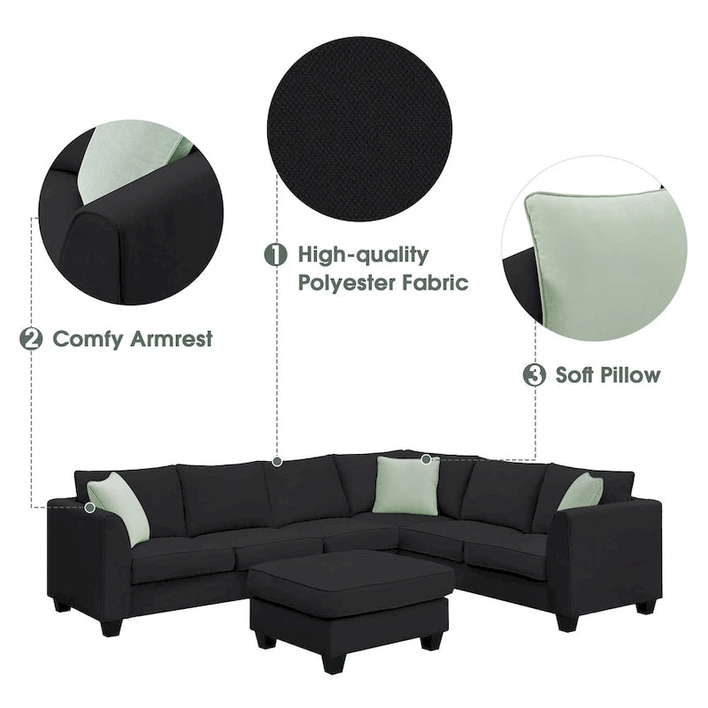 112*87  Sectional Sofa Couche Living Room Sets,7 Seats Sectional Sofa with Ottoman, L Shape Sofa Corner Couch Set with 3 Pillows