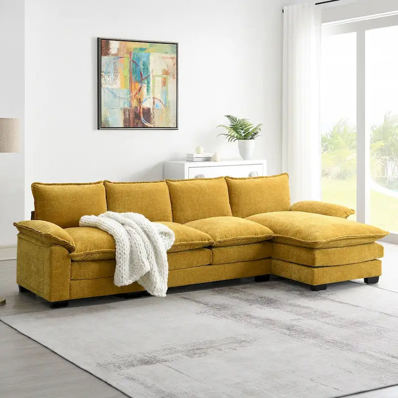 118*55  L-shaped Chenille Cloud Sofa with Double Seat Cushions, 5-seat Upholstered Sleeper Sofa Couch with Chaise Lounge