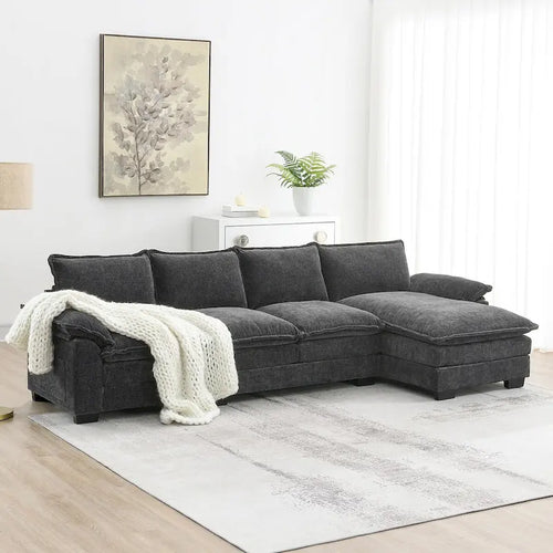 118*55  L-shaped Chenille Cloud Sofa with Double Seat Cushions, 5-seat Upholstered Sleeper Sofa Couch with Chaise Lounge