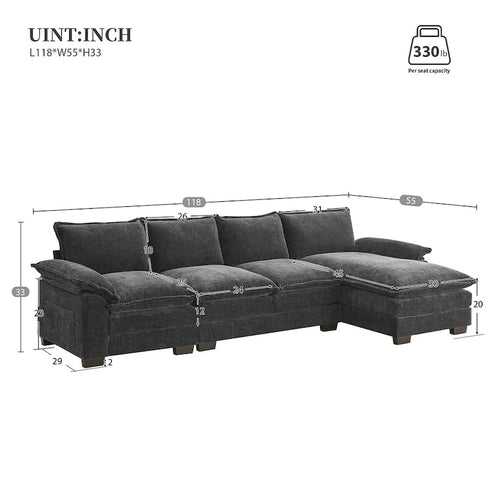 118*55  L-shaped Chenille Cloud Sofa with Double Seat Cushions, 5-seat Upholstered Sleeper Sofa Couch with Chaise Lounge