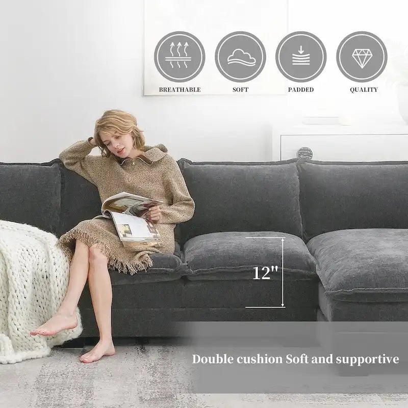 118*55  L-shaped Chenille Cloud Sofa with Double Seat Cushions, 5-seat Upholstered Sleeper Sofa Couch with Chaise Lounge