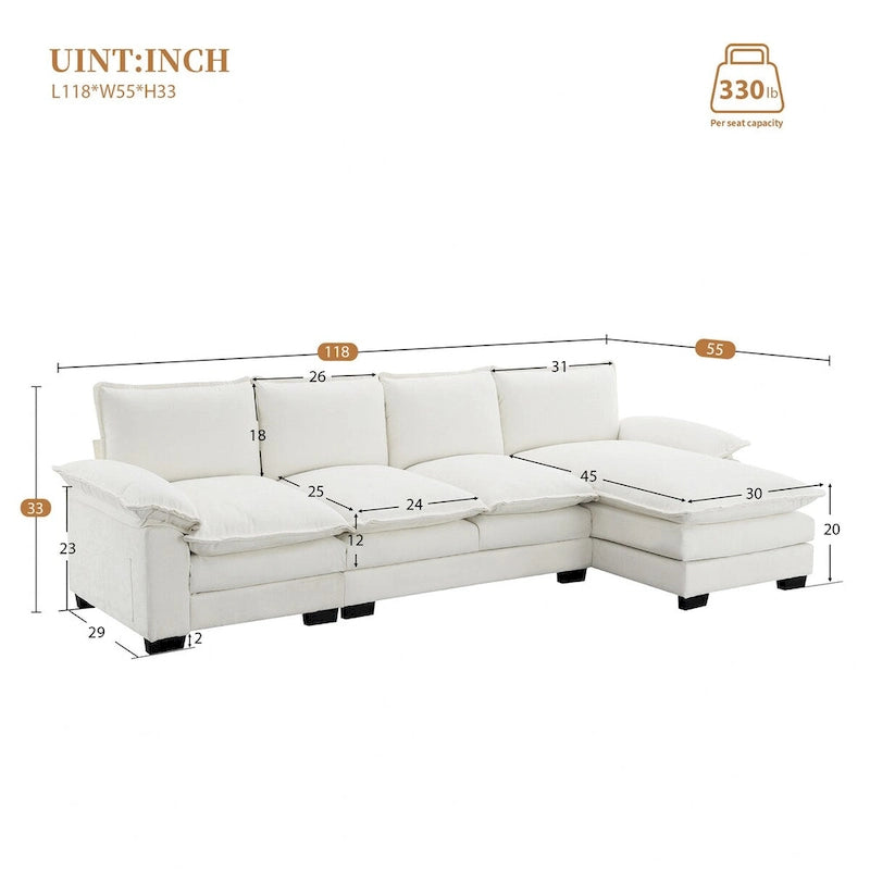 118*55  L-shaped Chenille Cloud Sofa with Double Seat Cushions, 5-seat Upholstered Sleeper Sofa Couch with Chaise Lounge