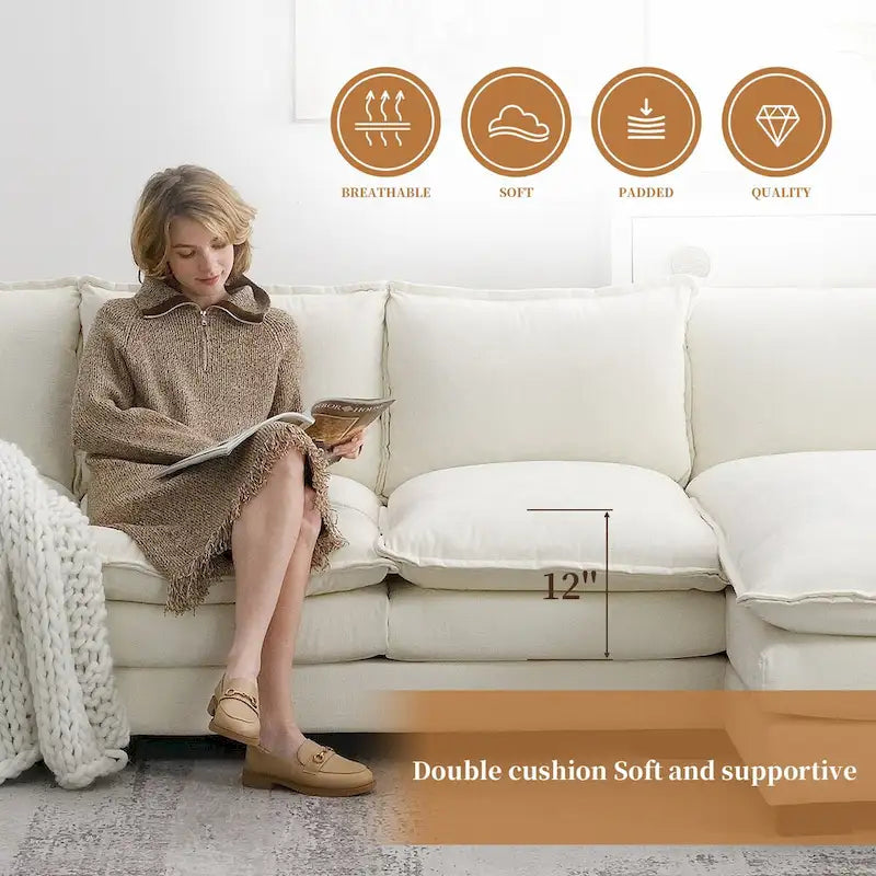 118*55  L-shaped Chenille Cloud Sofa with Double Seat Cushions, 5-seat Upholstered Sleeper Sofa Couch with Chaise Lounge