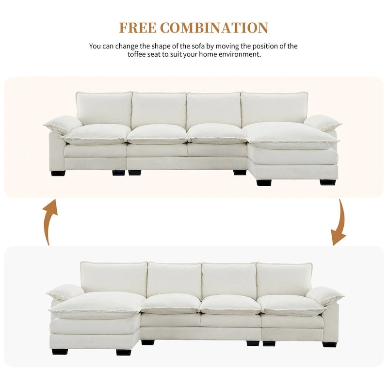 118*55  L-shaped Chenille Cloud Sofa with Double Seat Cushions, 5-seat Upholstered Sleeper Sofa Couch with Chaise Lounge