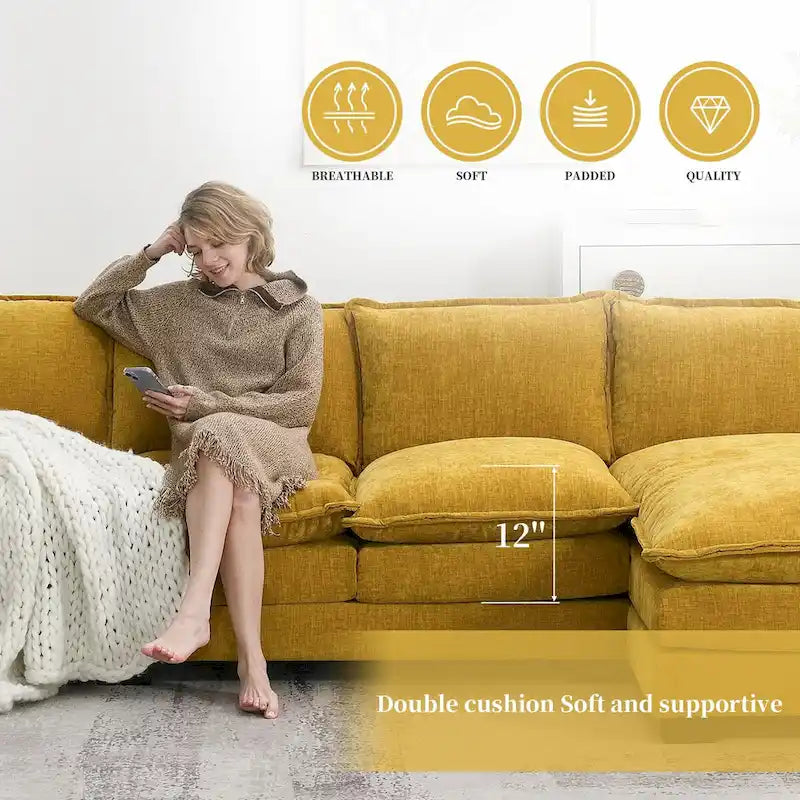 118*55  L-shaped Chenille Cloud Sofa with Double Seat Cushions, 5-seat Upholstered Sleeper Sofa Couch with Chaise Lounge