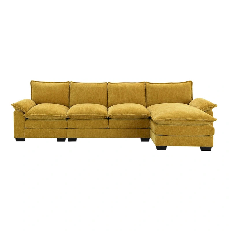 118*55  L-shaped Chenille Cloud Sofa with Double Seat Cushions, 5-seat Upholstered Sleeper Sofa Couch with Chaise Lounge