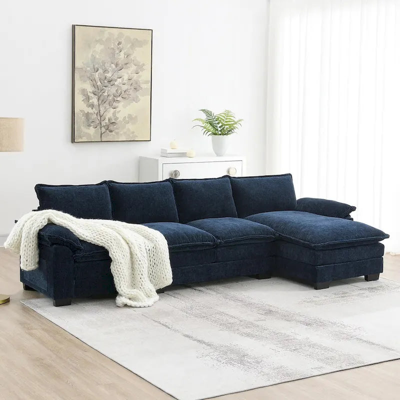 118*55  L-shaped Chenille Cloud Sofa with Double Seat Cushions, 5-seat Upholstered Sleeper Sofa Couch with Chaise Lounge