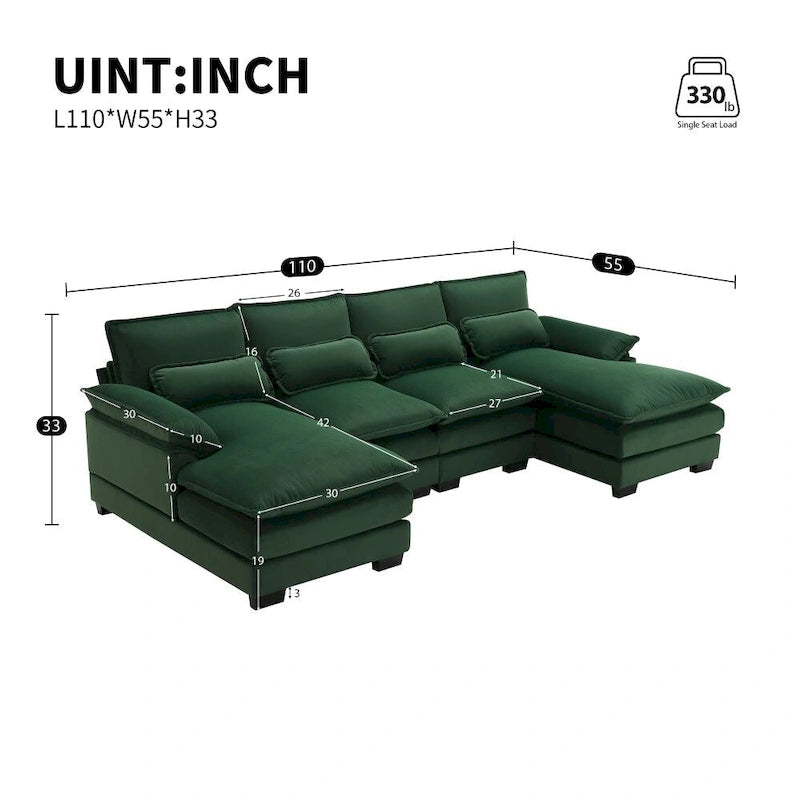110*55  Modern U-Shaped Sectional Sofa with Waist Pillows,6-Seat Upholstered Symmetrical Sofa Furniture