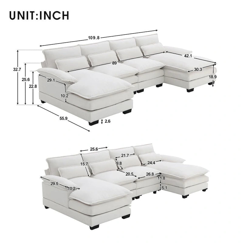 110*55  Modern U-Shaped Sectional Sofa with Waist Pillows,6-Seat Upholstered Symmetrical Sofa Furniture