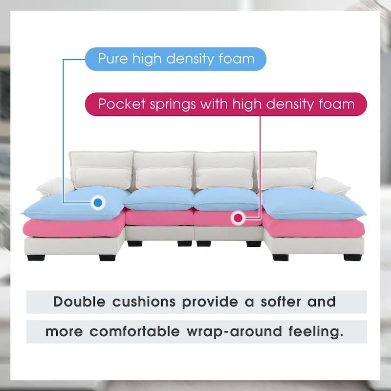 110*55  Modern U-Shaped Sectional Sofa with Waist Pillows,6-Seat Upholstered Symmetrical Sofa Furniture