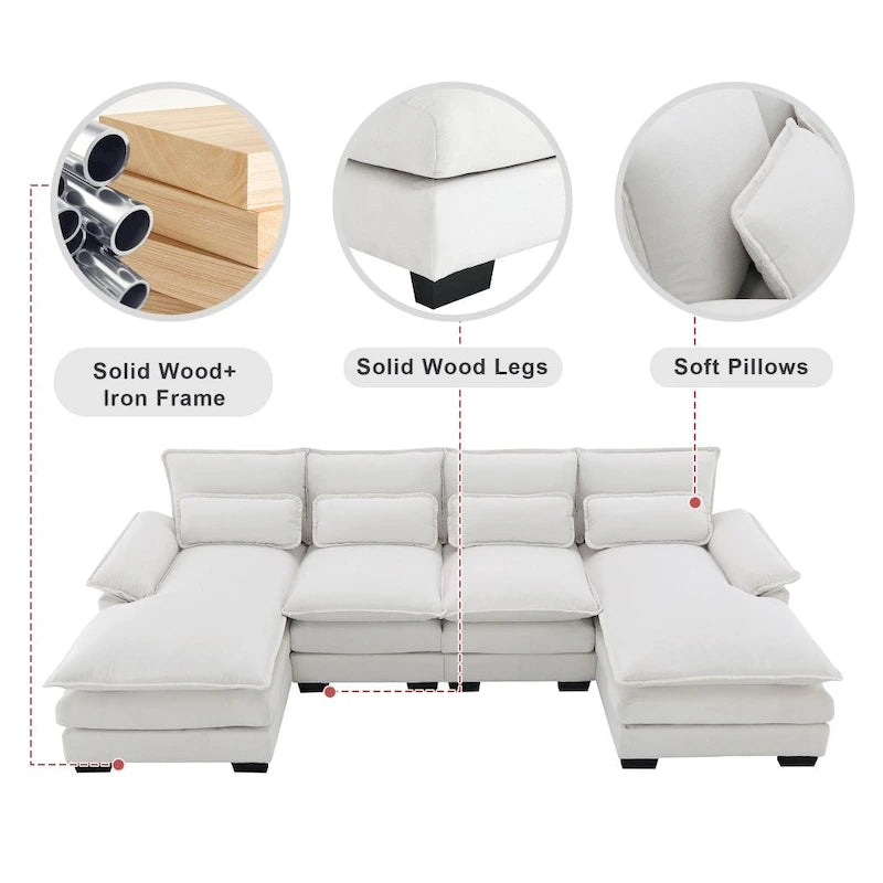 110*55  Modern U-Shaped Sectional Sofa with Waist Pillows,6-Seat Upholstered Symmetrical Sofa Furniture
