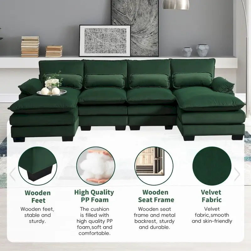 110*55  Modern U-Shaped Sectional Sofa with Waist Pillows,6-Seat Upholstered Symmetrical Sofa Furniture