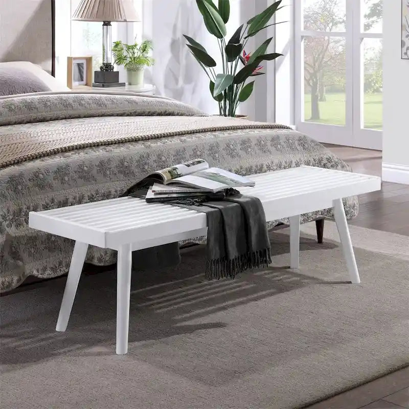White Solid Wood Slatted Bench
