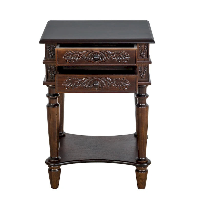 2 Drawer End Table with Intricate Carvings and Open Bottom Shelf, Brown