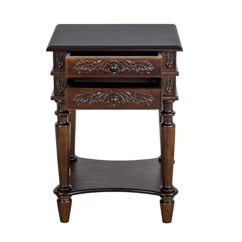 2 Drawer End Table with Intricate Carvings and Open Bottom Shelf, Brown