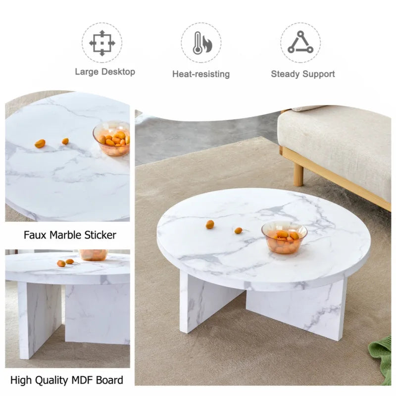 A white MDF material circular patterned coffee table suitable for small spaces and living rooms.
