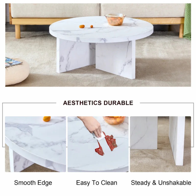 A white MDF material circular patterned coffee table suitable for small spaces and living rooms.