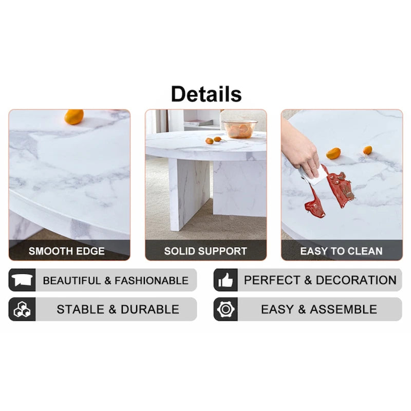 A white MDF material circular patterned coffee table suitable for small spaces and living rooms.