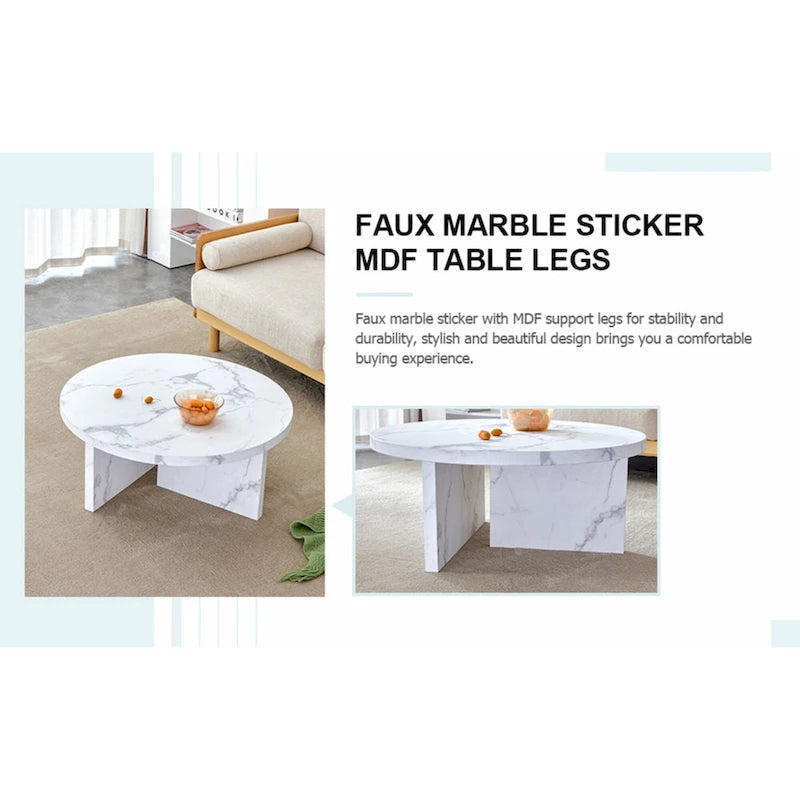 A white MDF material circular patterned coffee table suitable for small spaces and living rooms.