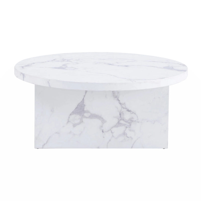 A white MDF material circular patterned coffee table suitable for small spaces and living rooms.