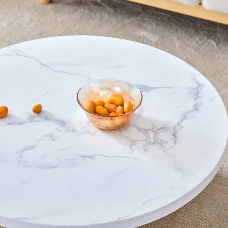 A white MDF material circular patterned coffee table suitable for small spaces and living rooms.