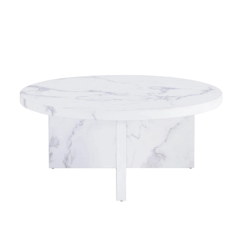 A white MDF material circular patterned coffee table suitable for small spaces and living rooms.
