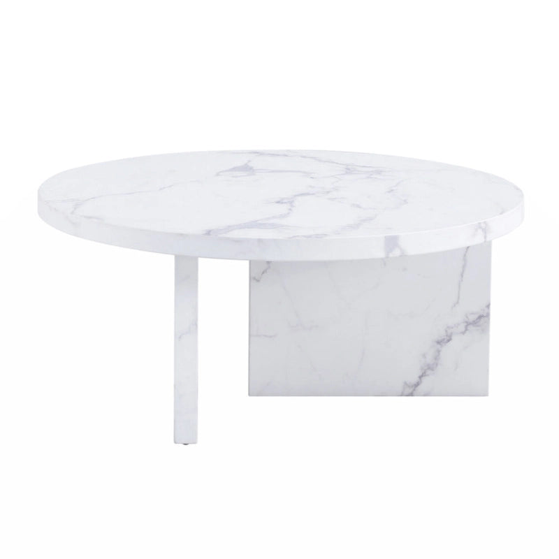A white MDF material circular patterned coffee table suitable for small spaces and living rooms.