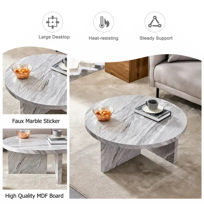 A white MDF material circular patterned coffee table suitable for small spaces and living rooms.