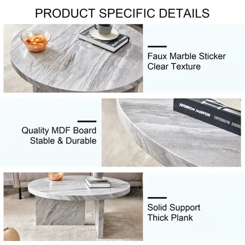 A white MDF material circular patterned coffee table suitable for small spaces and living rooms.