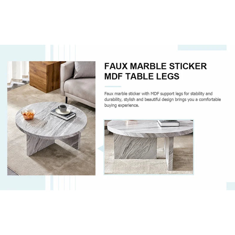 A white MDF material circular patterned coffee table suitable for small spaces and living rooms.