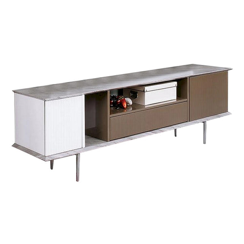 70 Inch TV Entertainment Console, 1 Drawer, Shelves, White, Brown, Gray
