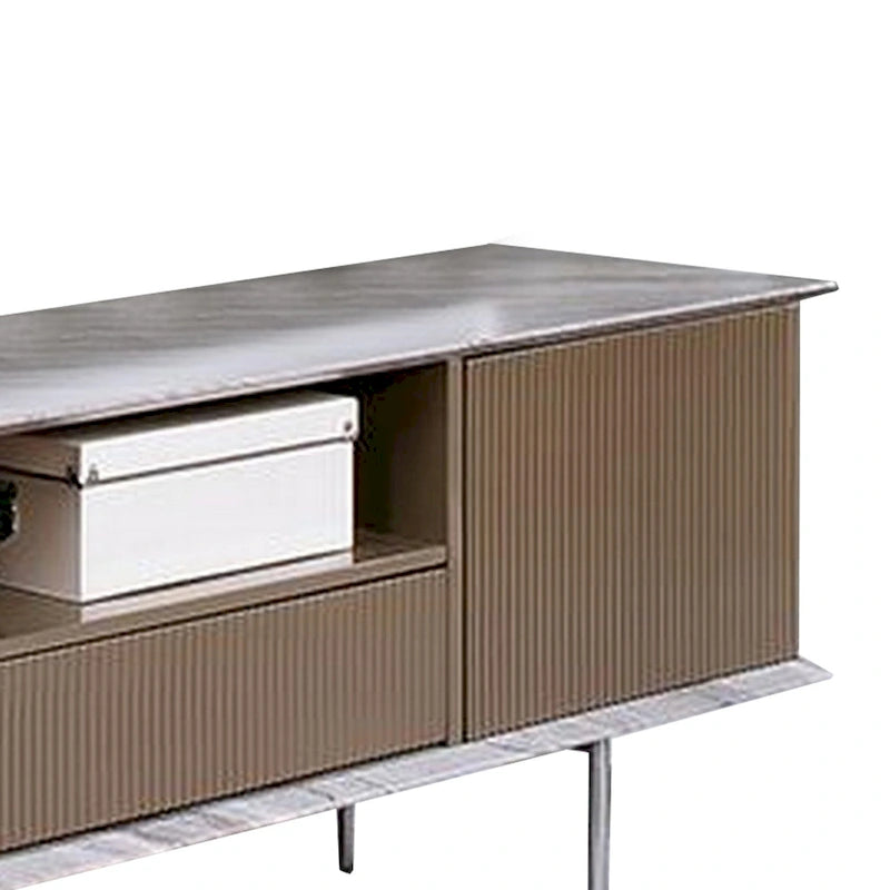 70 Inch TV Entertainment Console, 1 Drawer, Shelves, White, Brown, Gray