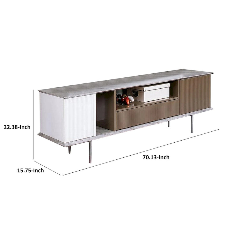 70 Inch TV Entertainment Console, 1 Drawer, Shelves, White, Brown, Gray