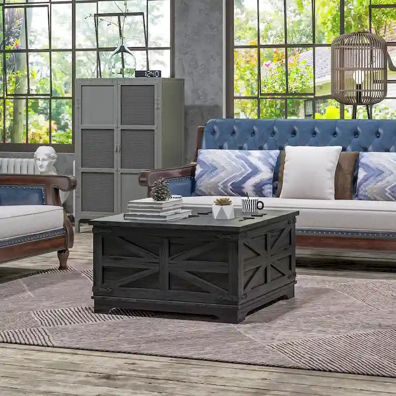 HOMCOM Farmhouse Coffee Table with Storage, Center Table with Hinged Lift Top and Hidden Space, Square Coffee Table