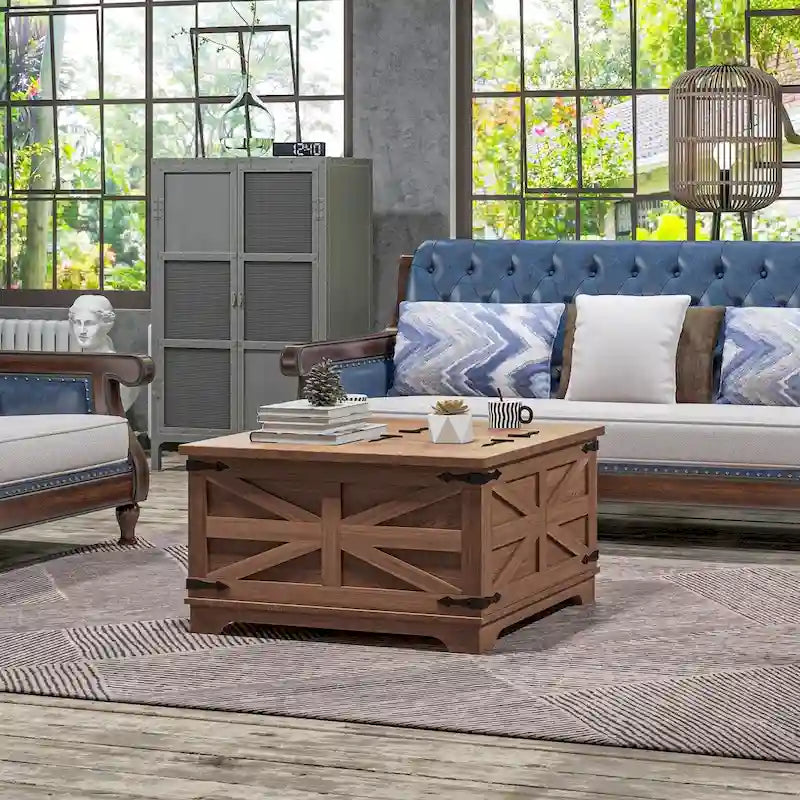 HOMCOM Farmhouse Coffee Table with Storage, Center Table with Hinged Lift Top and Hidden Space, Square Coffee Table