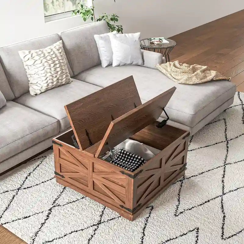 HOMCOM Farmhouse Coffee Table with Storage, Center Table with Hinged Lift Top and Hidden Space, Square Coffee Table