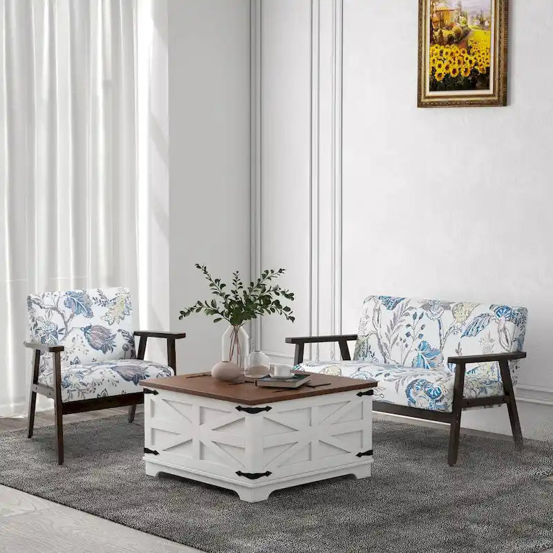 HOMCOM Farmhouse Coffee Table with Storage, Center Table with Hinged Lift Top and Hidden Space, Square Coffee Table