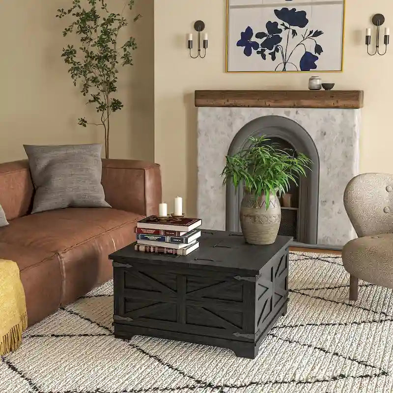 HOMCOM Farmhouse Coffee Table with Storage, Center Table with Hinged Lift Top and Hidden Space, Square Coffee Table