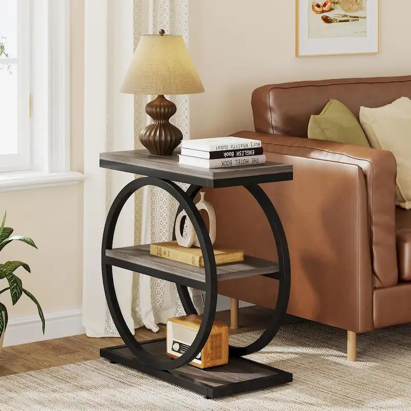 End Table with 3 Storage Shelves, Wood Narrow Side Table