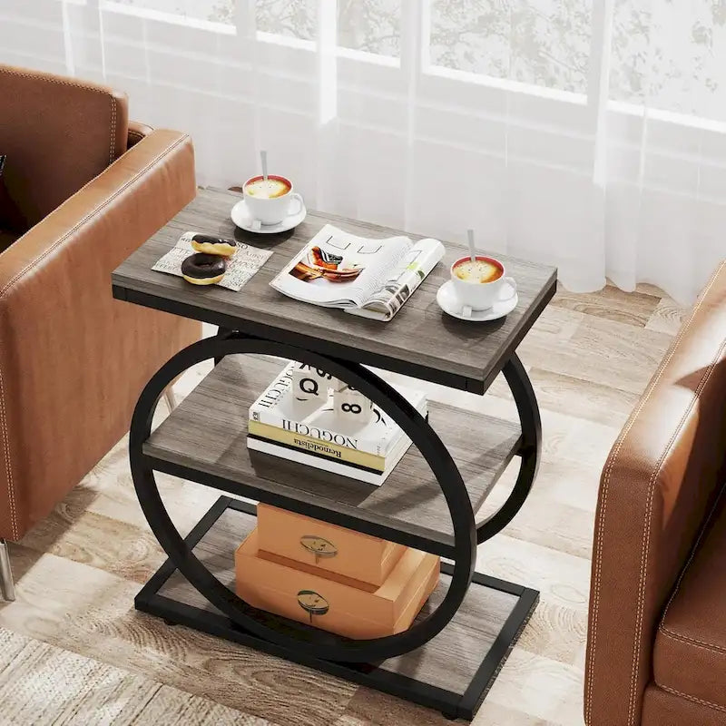 End Table with 3 Storage Shelves, Wood Narrow Side Table