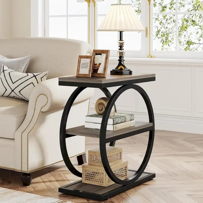 End Table with 3 Storage Shelves, Wood Narrow Side Table