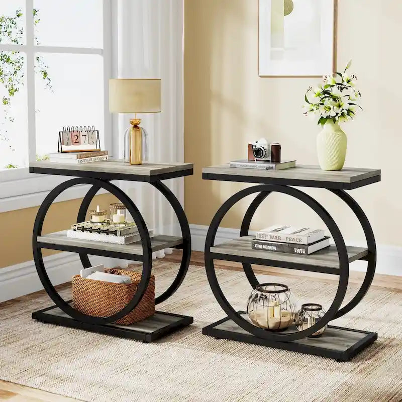 End Table with 3 Storage Shelves, Wood Narrow Side Table