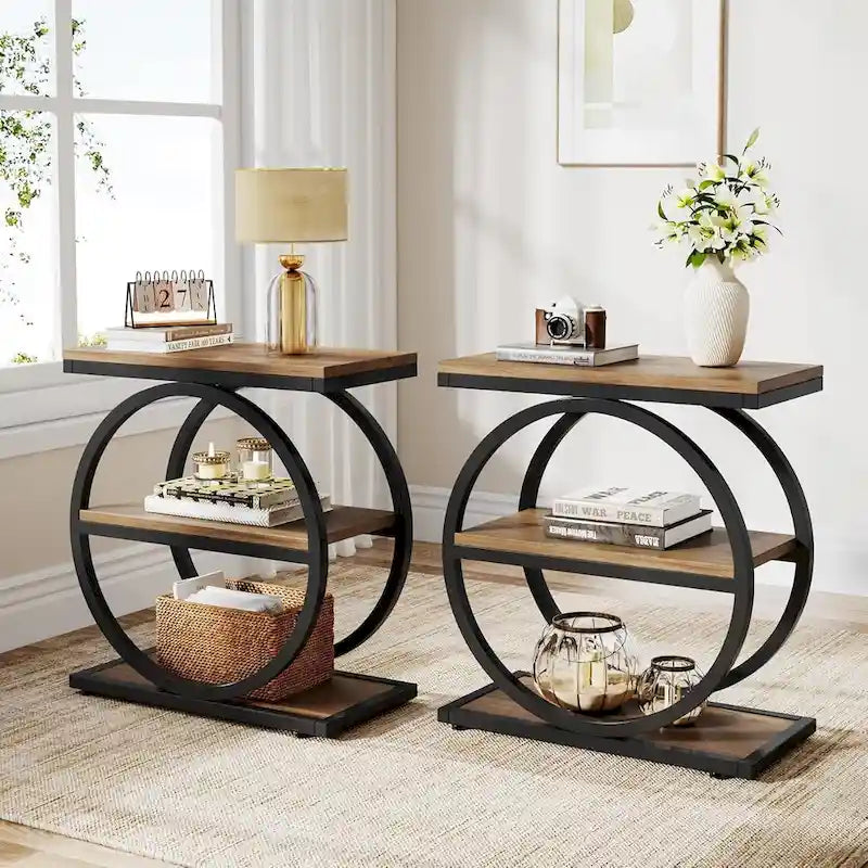 End Table with 3 Storage Shelves, Wood Narrow Side Table