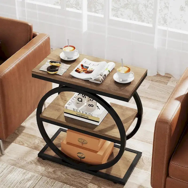 End Table with 3 Storage Shelves, Wood Narrow Side Table