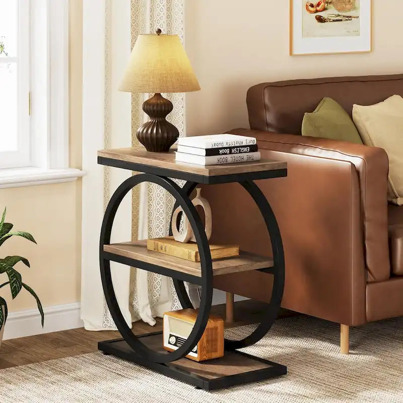 End Table with 3 Storage Shelves, Wood Narrow Side Table