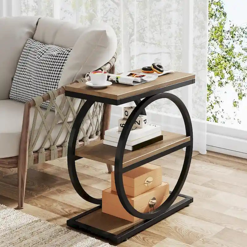 End Table with 3 Storage Shelves, Wood Narrow Side Table