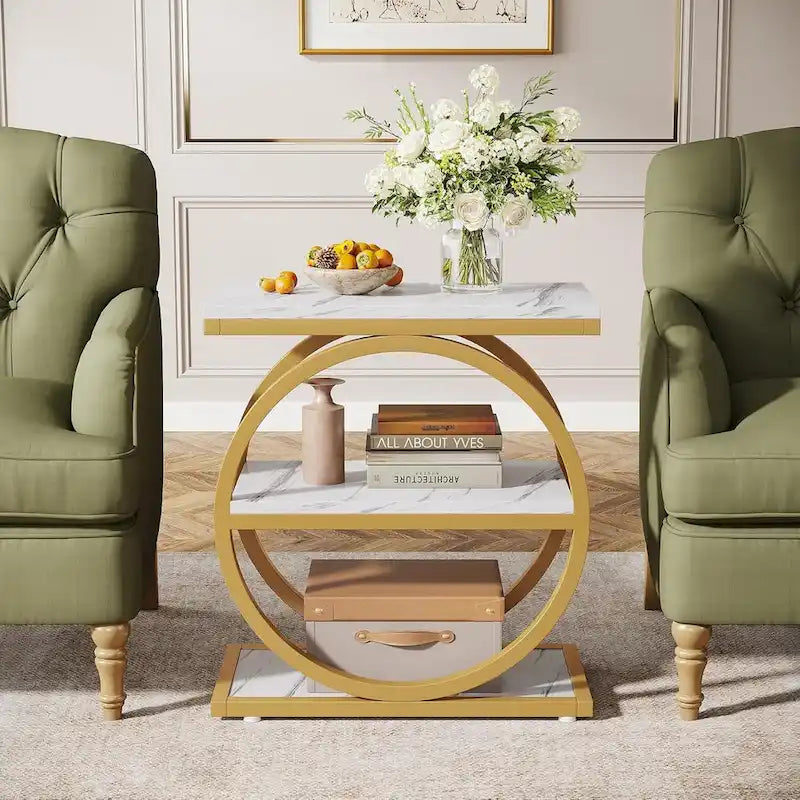 End Table with 3 Storage Shelves, Wood Narrow Side Table