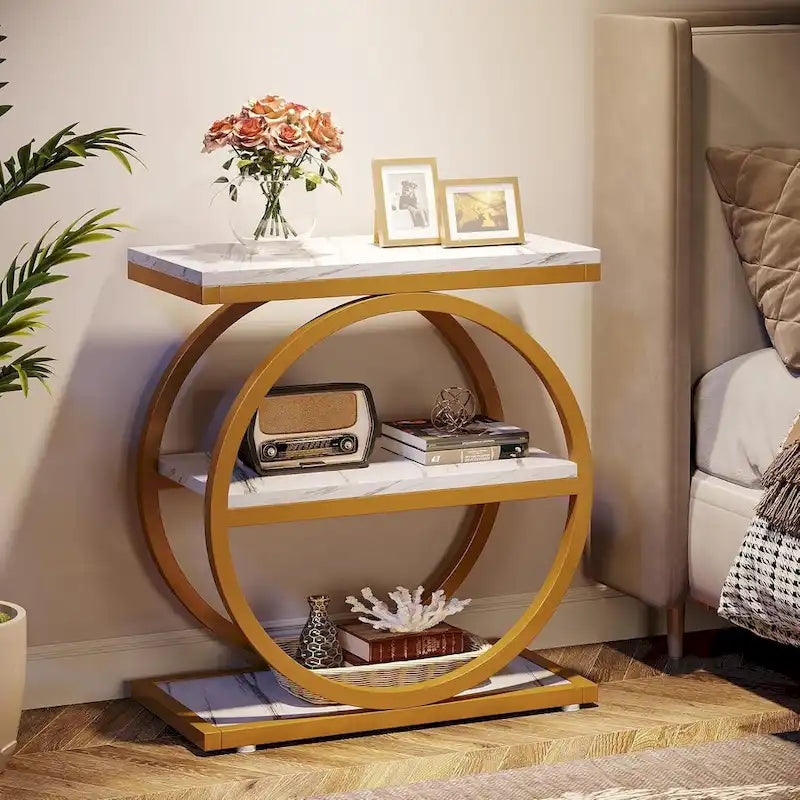 End Table with 3 Storage Shelves, Wood Narrow Side Table